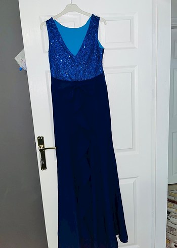 Mavi Parlak Drapeli Uzun Abiye Elbise - Görsel 3