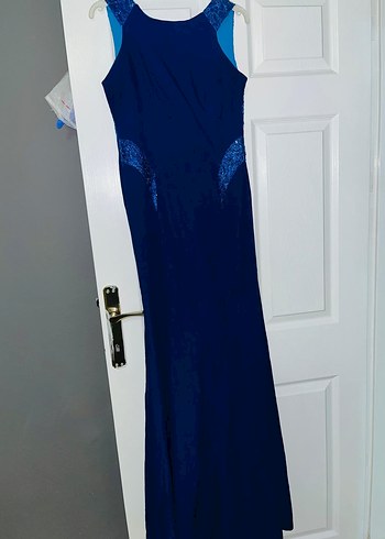 Mavi Parlak Drapeli Uzun Abiye Elbise - Görsel 2