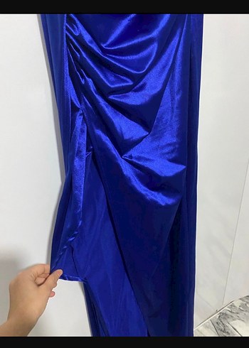 Drapeli Uzun Mavi Straplez Abiye Elbise - Görsel 2
