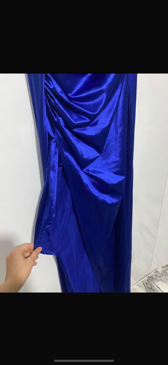 Drapeli Uzun Mavi Straplez Abiye Elbise - Görsel 2