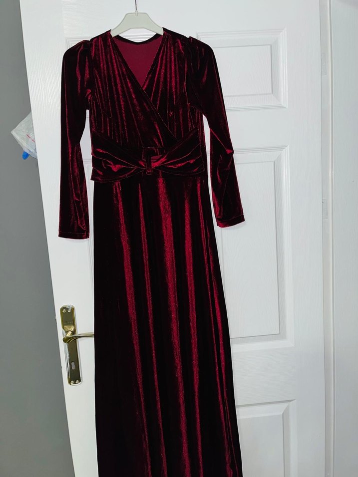 Bordo Drapeli Uzun Kadın Elbise - Görsel 3