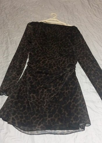 Drapeli Leopar Desenli Uzun Kollu Mini Elbise