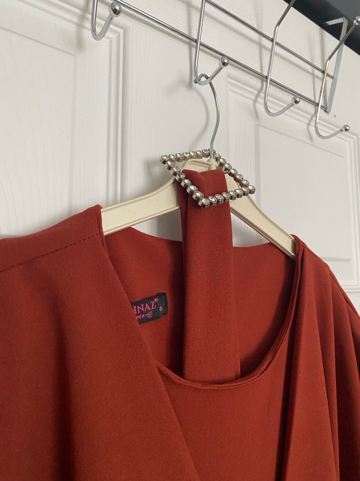 Kiremit Uzun Kollu V Yaka Uzun Elbise - Görsel 4