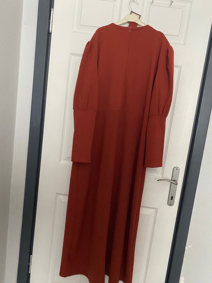 Kiremit Uzun Kollu V Yaka Uzun Elbise - Görsel 3