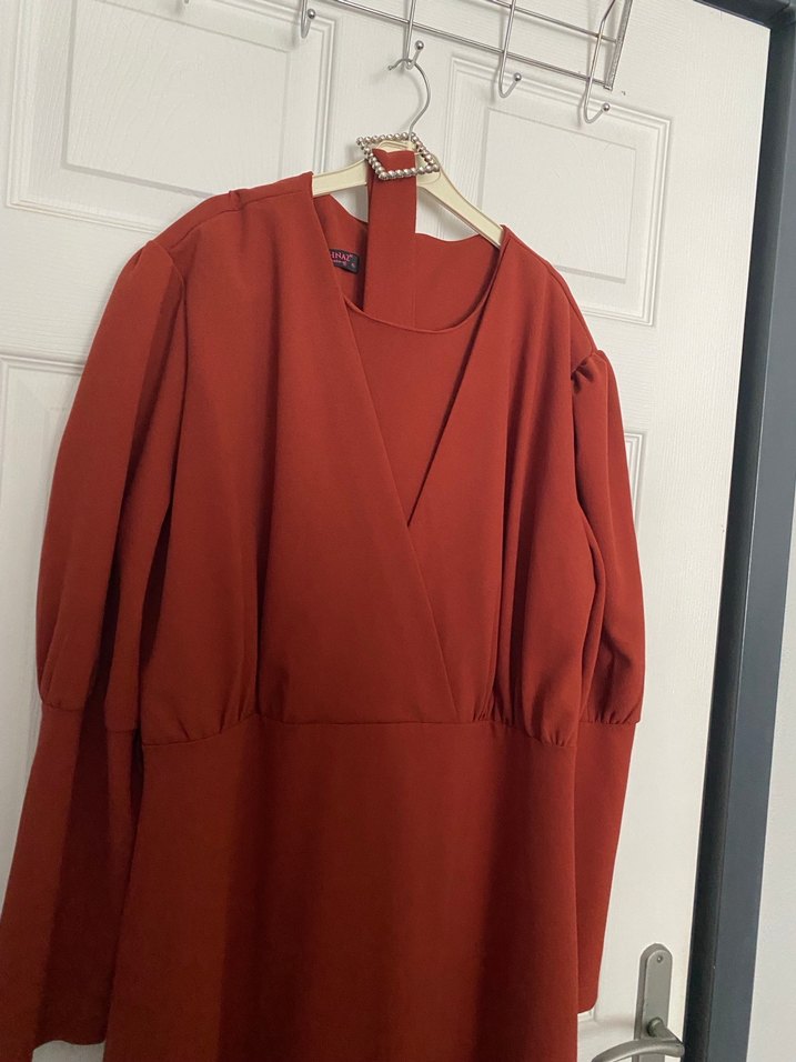 Kiremit Uzun Kollu V Yaka Uzun Elbise - Görsel 2