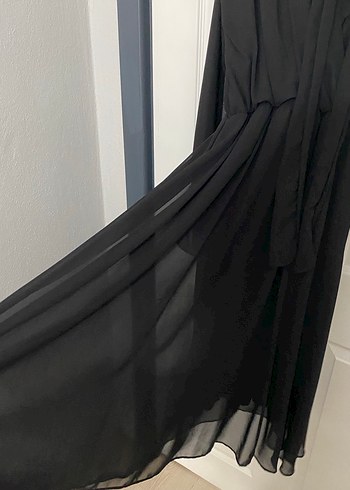 Siyah V Yakalı Uzun Kollu Midi Elbise - Görsel 3
