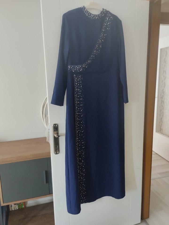 Mavi Uzun Kollu Drapeli Abiye Elbise - Görsel 2