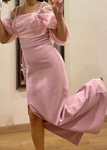Pudra Pembe Drapeli Uzun Abiye Elbise