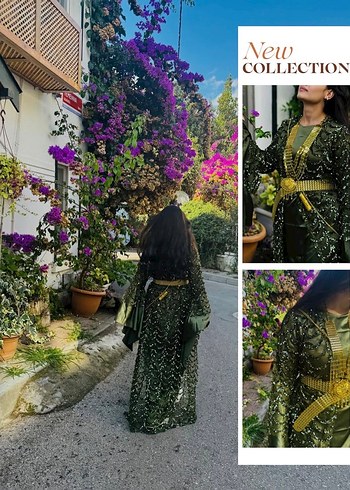 Diğer Yöresel elbise yeşil parlak desen uzun standart beden kadın