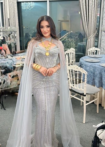 Uzun Kollu Bohem Gri Drapeli tasarım abiye - Görsel 3