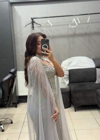 Uzun Kollu Bohem Gri Drapeli tasarım abiye - Görsel 6