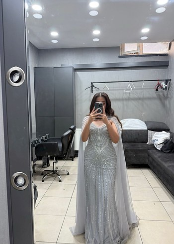 Uzun Kollu Bohem Gri Drapeli tasarım abiye - Görsel 7