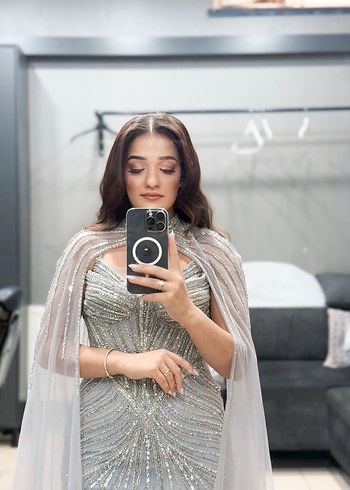 Uzun Kollu Bohem Gri Drapeli tasarım abiye - Görsel 4