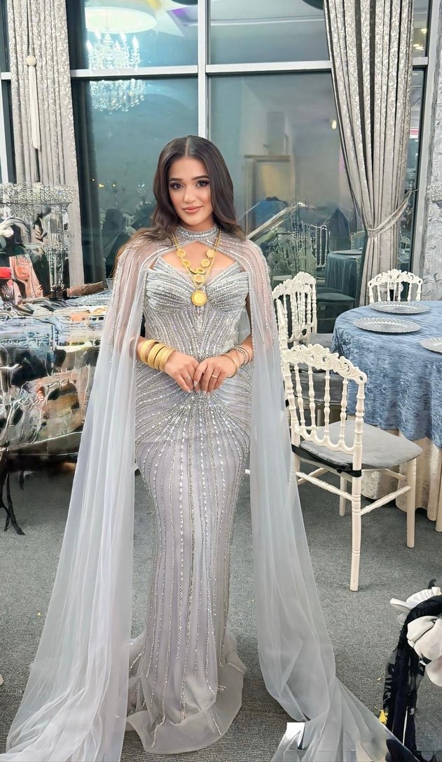 Uzun Kollu Bohem Gri Drapeli tasarım abiye - Görsel 3