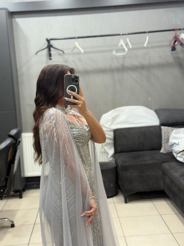 Uzun Kollu Bohem Gri Drapeli tasarım abiye - Görsel 5