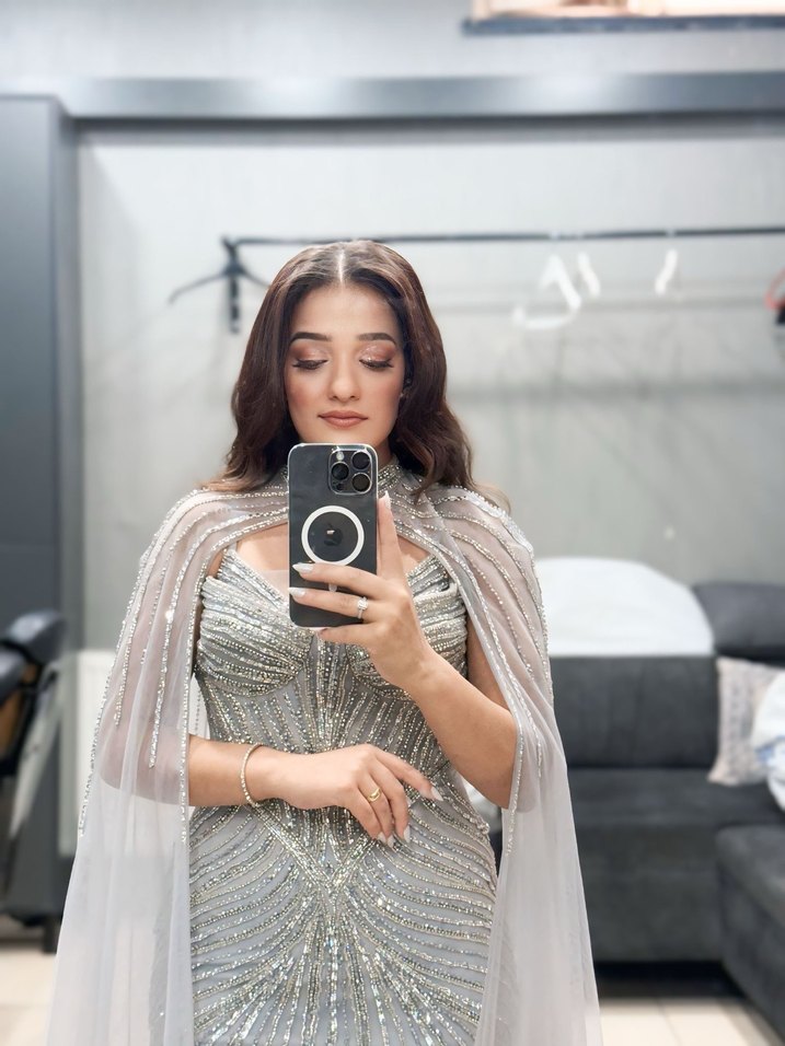 Uzun Kollu Bohem Gri Drapeli tasarım abiye - Görsel 4