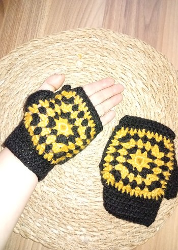 Sarı Siyah Örgü Kadın Eldiven yenı - Görsel 2