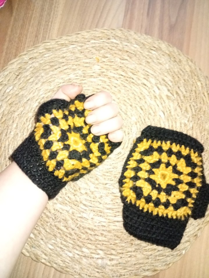 Sarı Siyah Örgü Kadın Eldiven yenı - Görsel 3