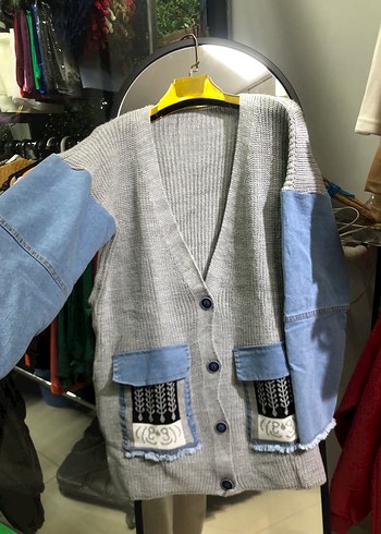 Diğer Gri Triko Denim Detaylı Kadın Hırka