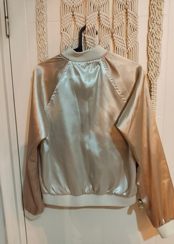 Bej Parlak Saten Fermuarlı Kadın Ceket - Görsel 6