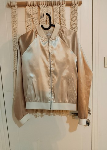 Bej Parlak Saten Fermuarlı Kadın Ceket - Görsel 4