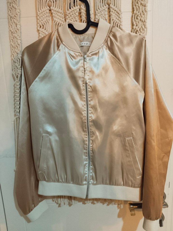 Bej Parlak Saten Fermuarlı Kadın Ceket - Görsel 5