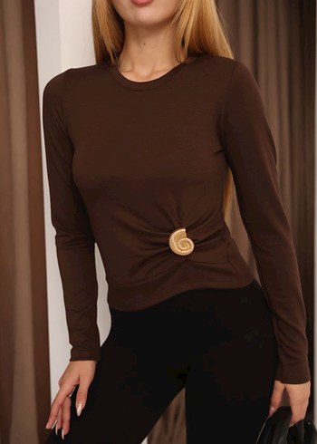 Kahverengi Deri Kadın Bluz, Uzun Kollu, Sade - Görsel 2