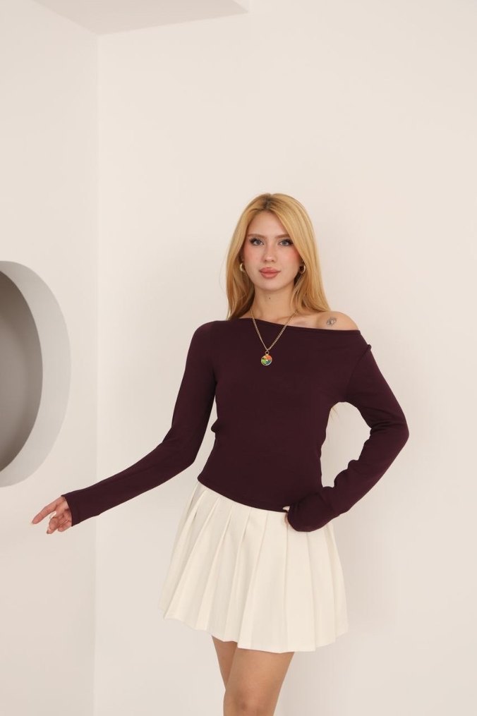 Bordo Kadın Uzun Kollu  Bluz - Görsel 4