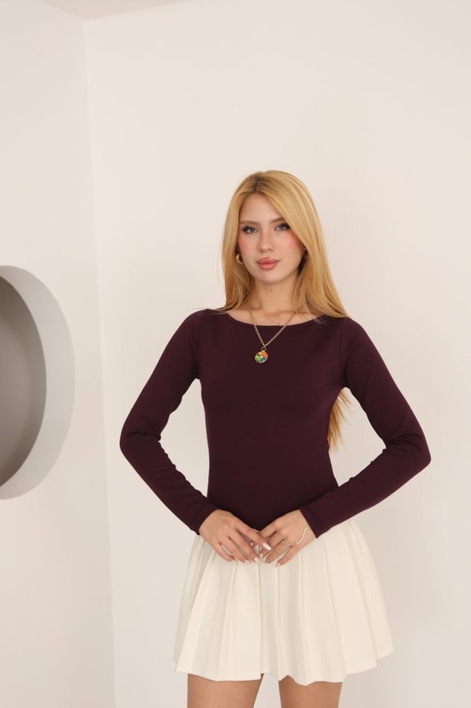 Bordo Kadın Uzun Kollu  Bluz - Görsel 3