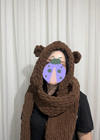 Kahverengi Nakışlı Örgü Çocuk Bere ve Atkı Seti - Görsel 3