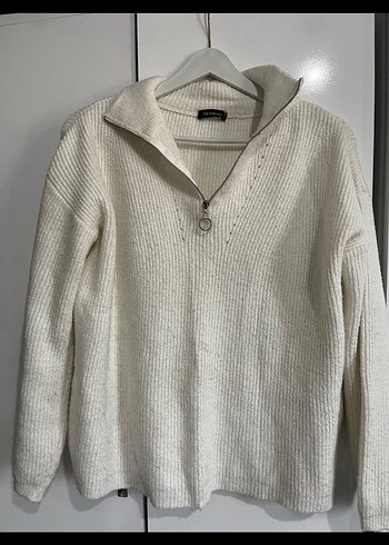 Kadın Ekru Örgü Fermuarlı Kazak - Görsel 3