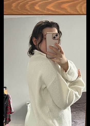 Kadın Ekru Örgü Fermuarlı Kazak - Görsel 2