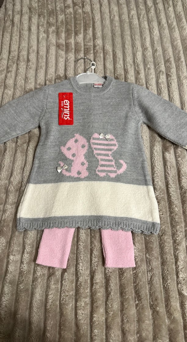 Gri Nakışlı Triko Bebek Kız Takımı Yün taytlı - Görsel 3