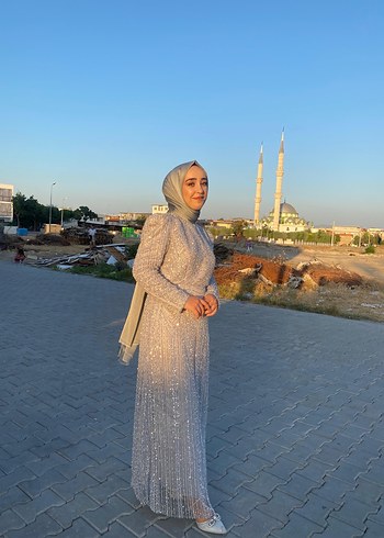 38 Beden gri Renk Bohem Uzun Gri Tesettür Abiye Elbise
