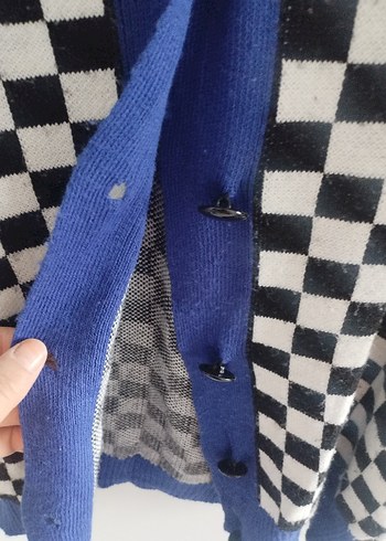 Mavi siyah beyaz Kareli Triko Kadın Hırka - Görsel 2