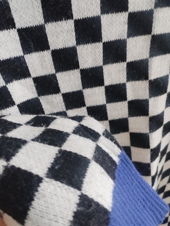 Mavi siyah beyaz Kareli Triko Kadın Hırka - Görsel 3