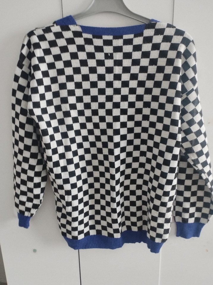 Mavi siyah beyaz Kareli Triko Kadın Hırka - Görsel 4