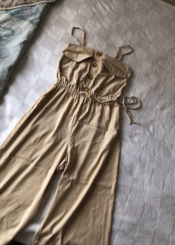 xs Beden Bej Düğmeli Keten Askılı Midi Tulum