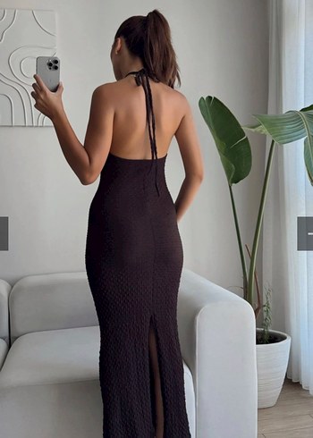 Diğer Siyah Yüksek Yakalı Fitilli Triko Uzun Elbise