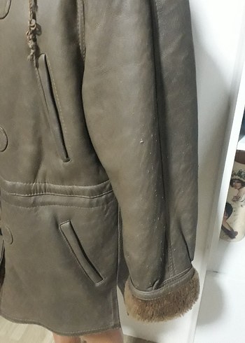 Kürklü Bej Deri Kadın Mont - Görsel 5