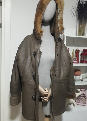 Kürklü Bej Deri Kadın Mont - Görsel 2