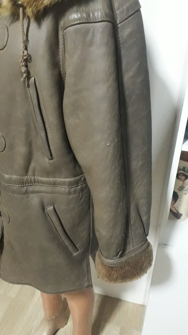 Kürklü Bej Deri Kadın Mont - Görsel 5