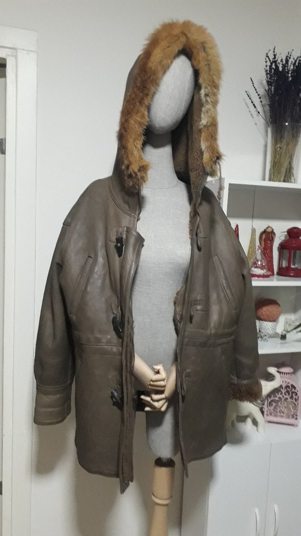 Kürklü Bej Deri Kadın Mont - Görsel 2