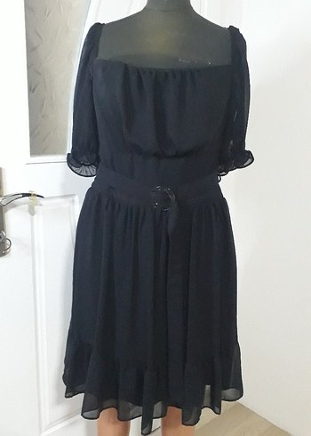 Kemerli Siyah Şifon Kumaş Kemerli Midi Kadın Abiye Elbise - Görsel 3