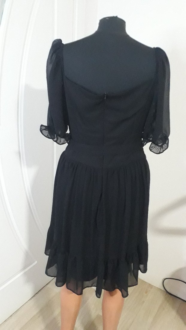 Kemerli Siyah Şifon Kumaş Kemerli Midi Kadın Abiye Elbise - Görsel 2