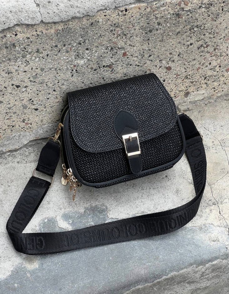 Siyah hasır görünümlü omuz askılı çanta - Görsel 2