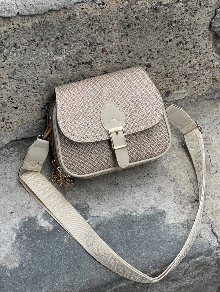 Krem hasır görünümlü omuz askılı çanta - Görsel 2