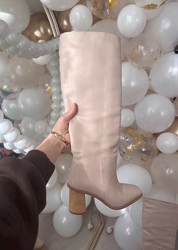 Bej Deri Blok Topuklu Diz Boyu Kadın Çizme - Görsel 5