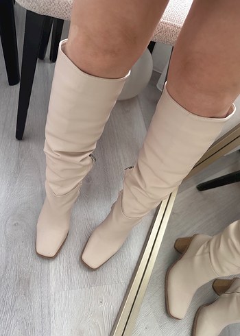 Bej Deri Blok Topuklu Diz Boyu Kadın Çizme - Görsel 2