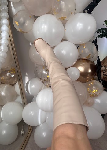 Bej Deri Blok Topuklu Diz Boyu Kadın Çizme - Görsel 9